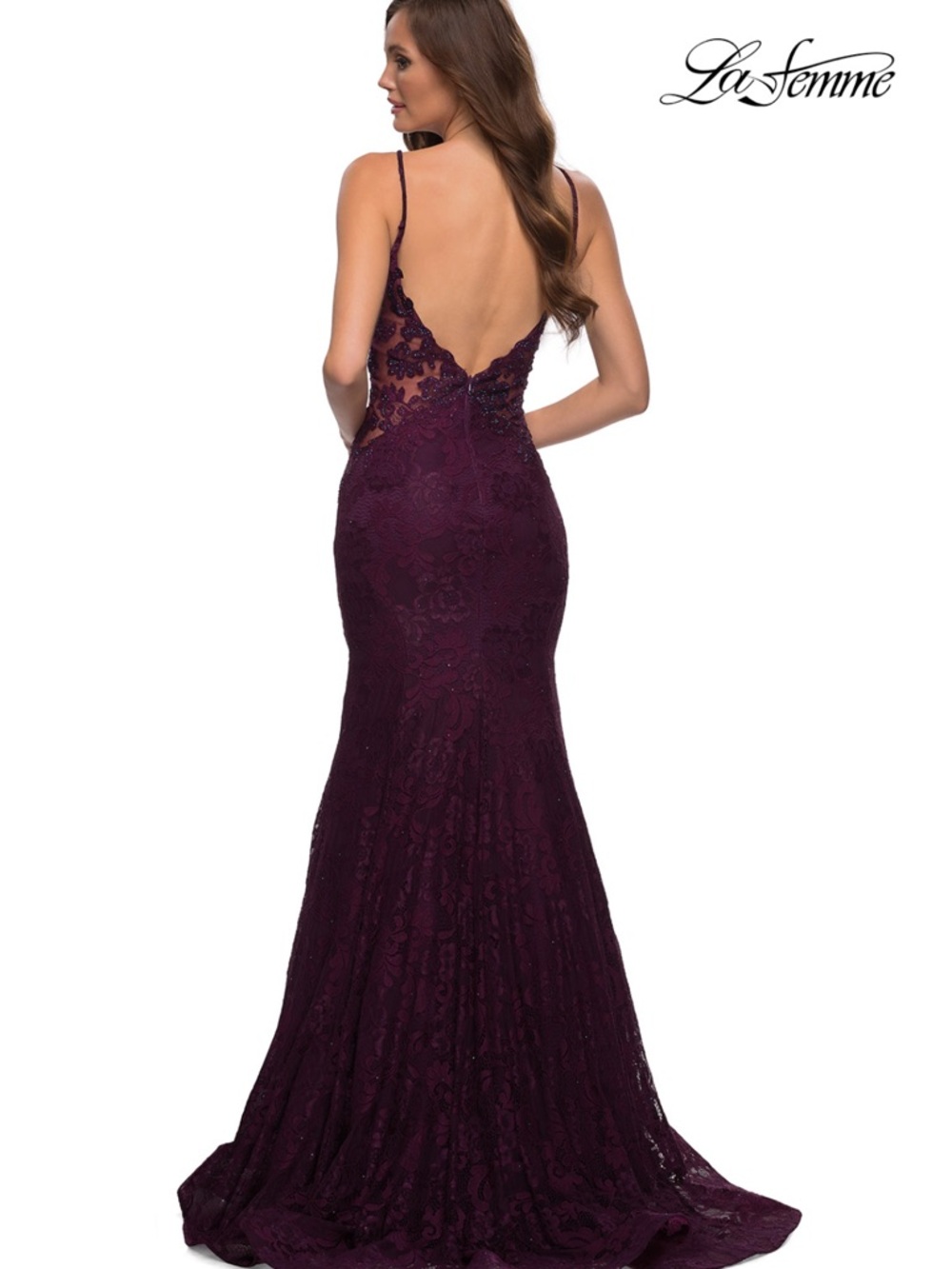 La Femme Deep Plum Lace Mermaid Gown size 00 - Picture 2 of 5
